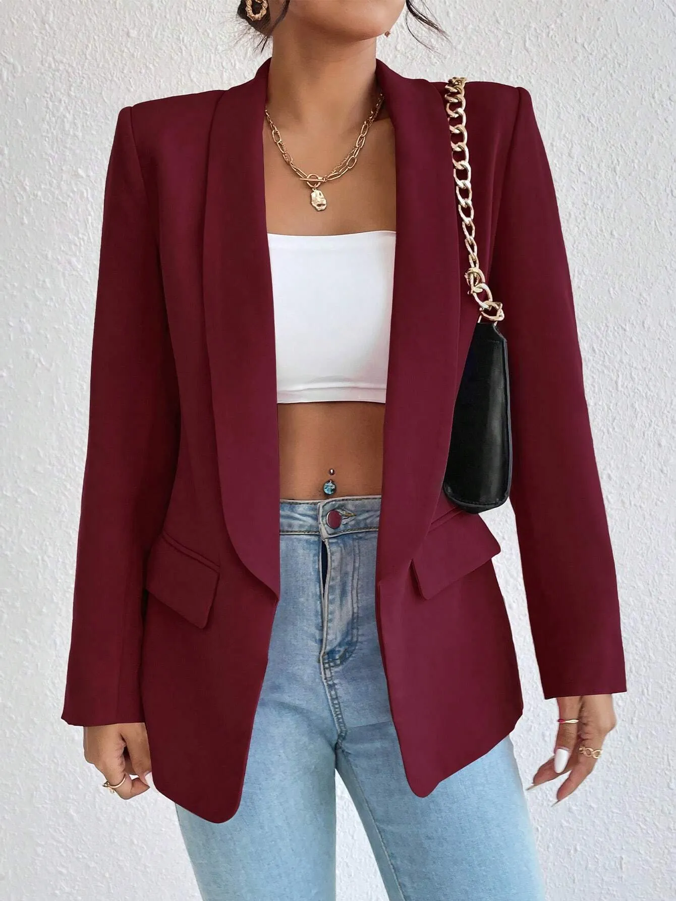 Privé 1pc Women Simple Commuter Shawl Collar Solid Color Blazer Jacket, Autumn