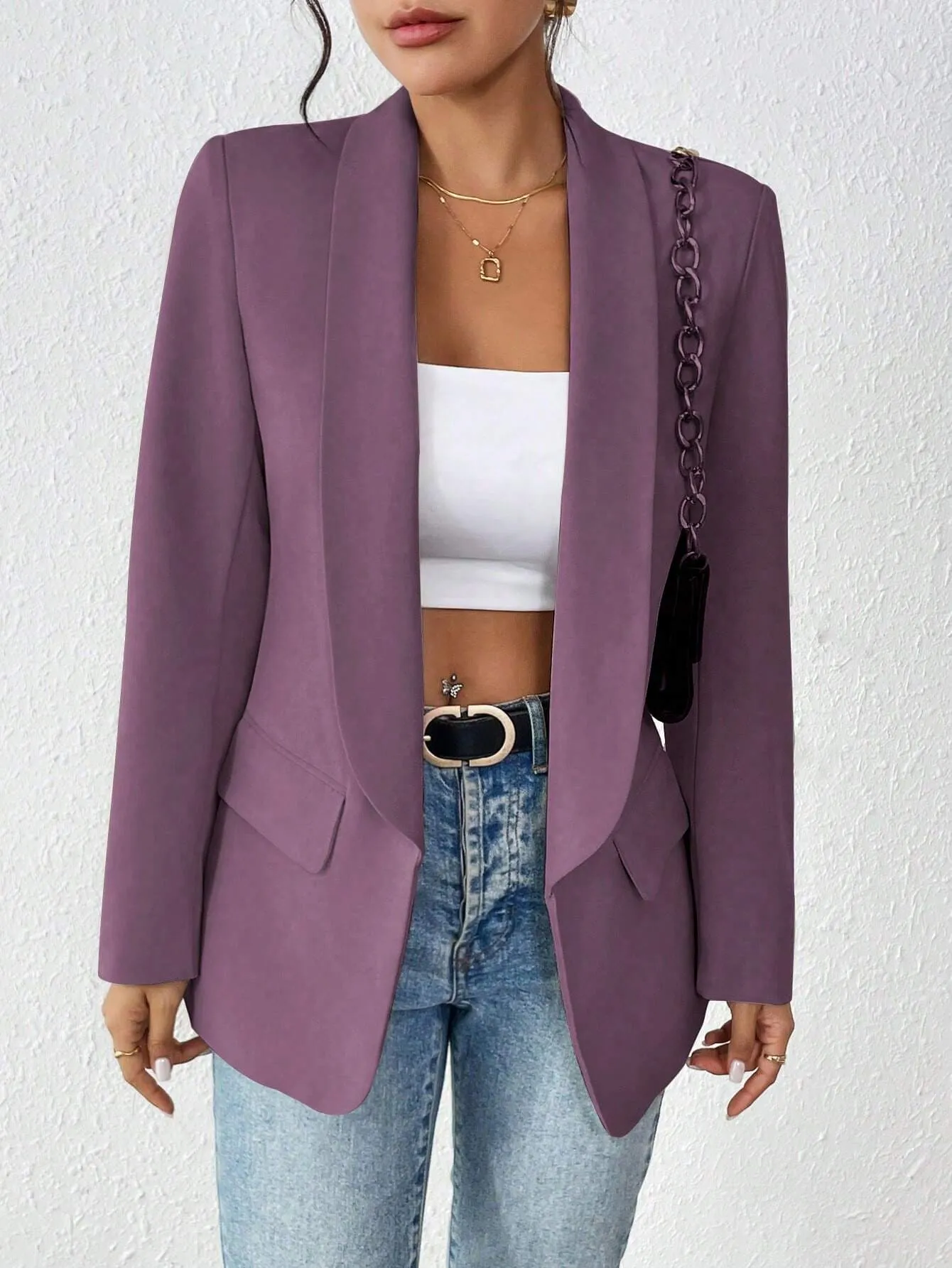 Privé 1pc Women Simple Commuter Shawl Collar Solid Color Blazer Jacket, Autumn
