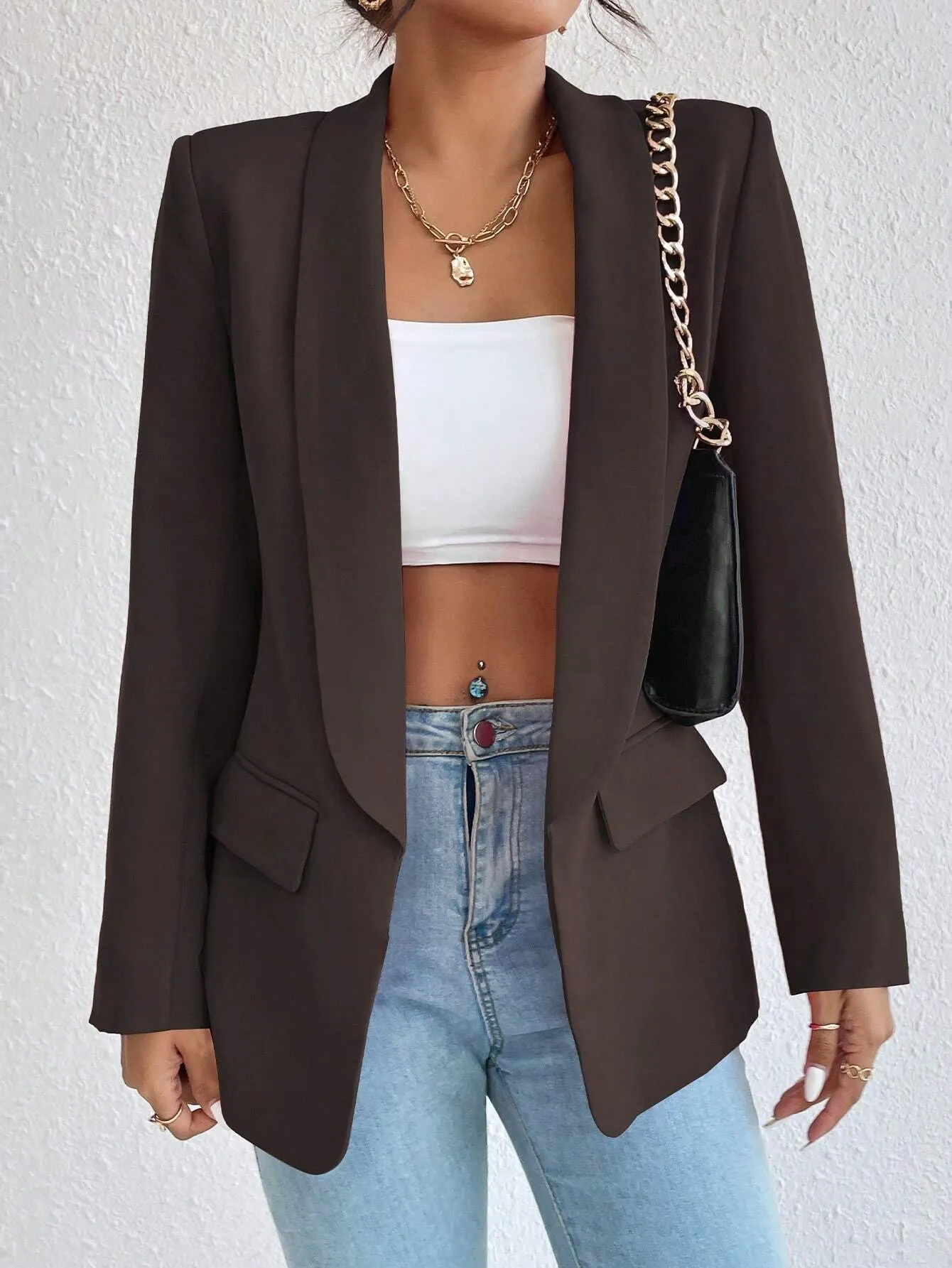 Privé 1pc Women Simple Commuter Shawl Collar Solid Color Blazer Jacket, Autumn