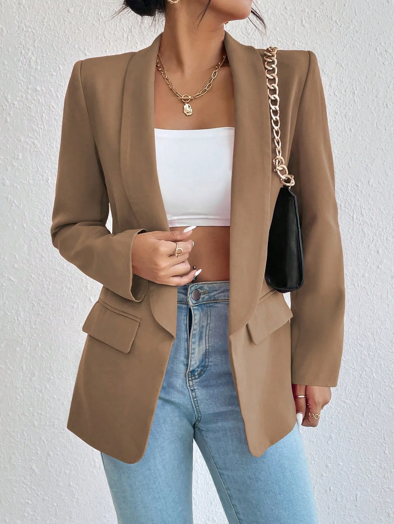 Privé 1pc Women Simple Commuter Shawl Collar Solid Color Blazer Jacket, Autumn