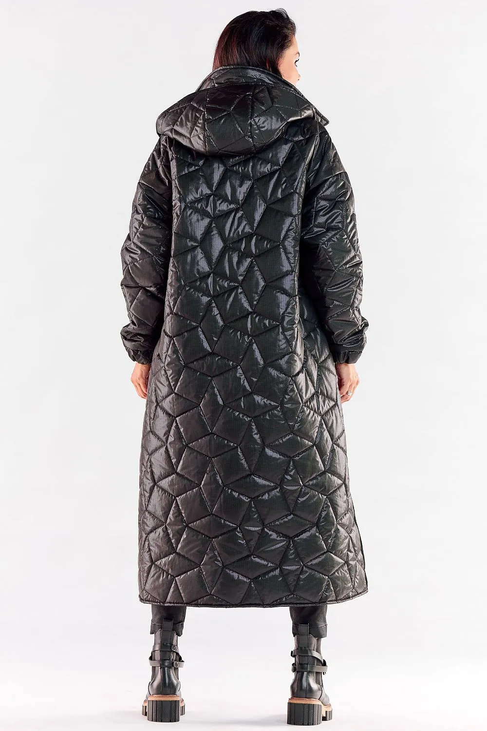 Quilted Hooded Coat With Slit