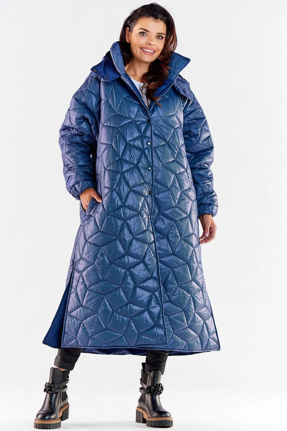 Quilted Hooded Coat With Slit