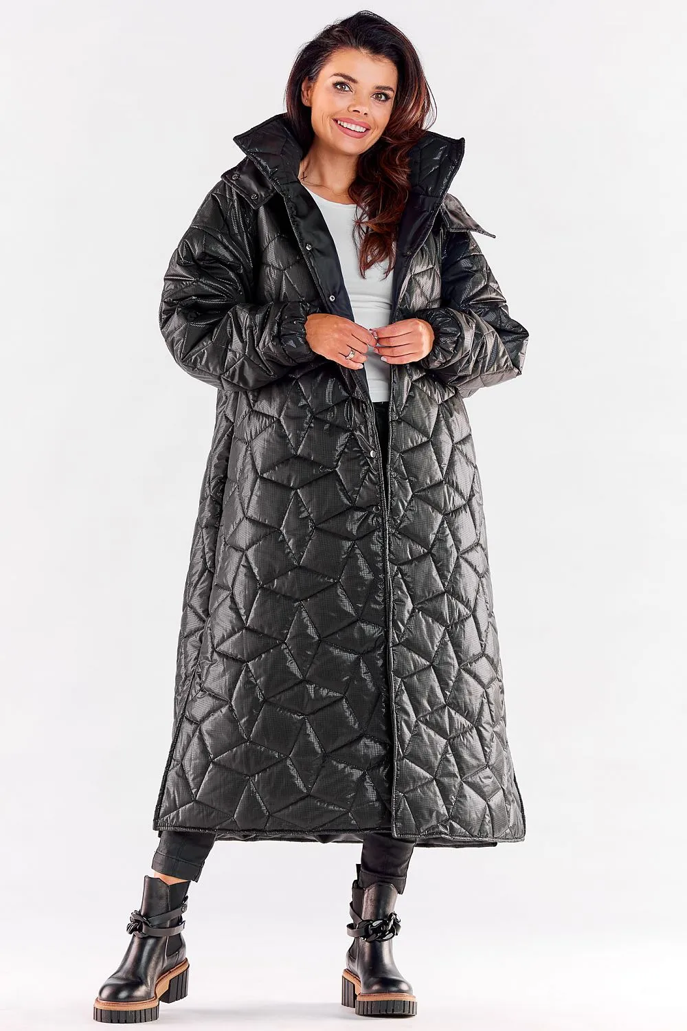 Quilted Hooded Coat With Slit