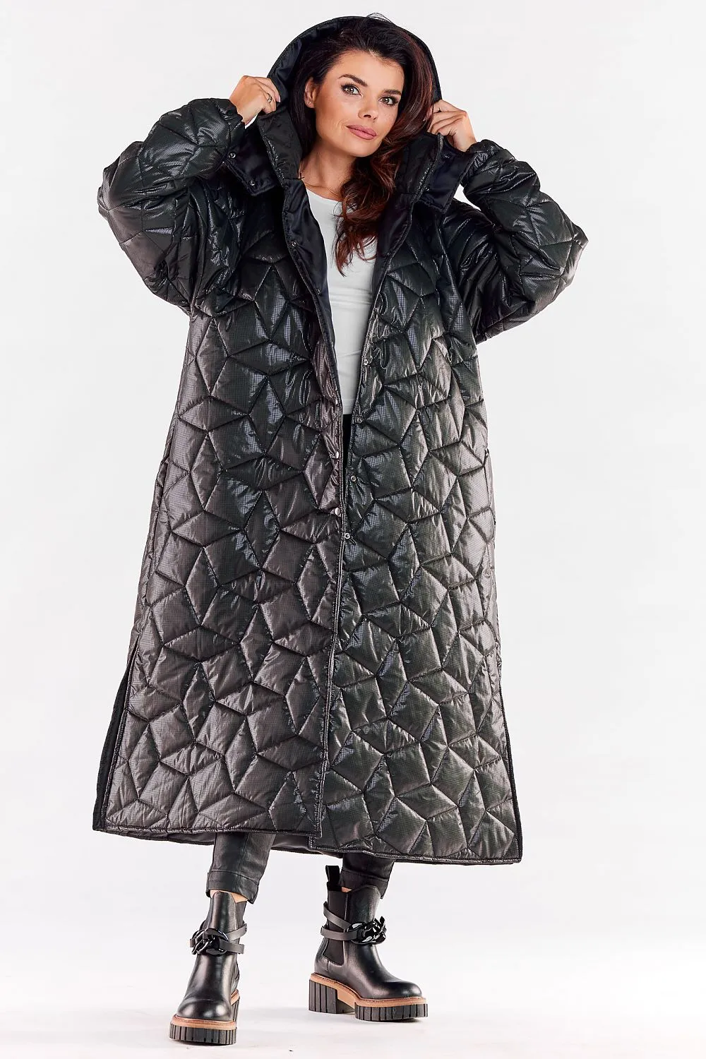 Quilted Hooded Coat With Slit
