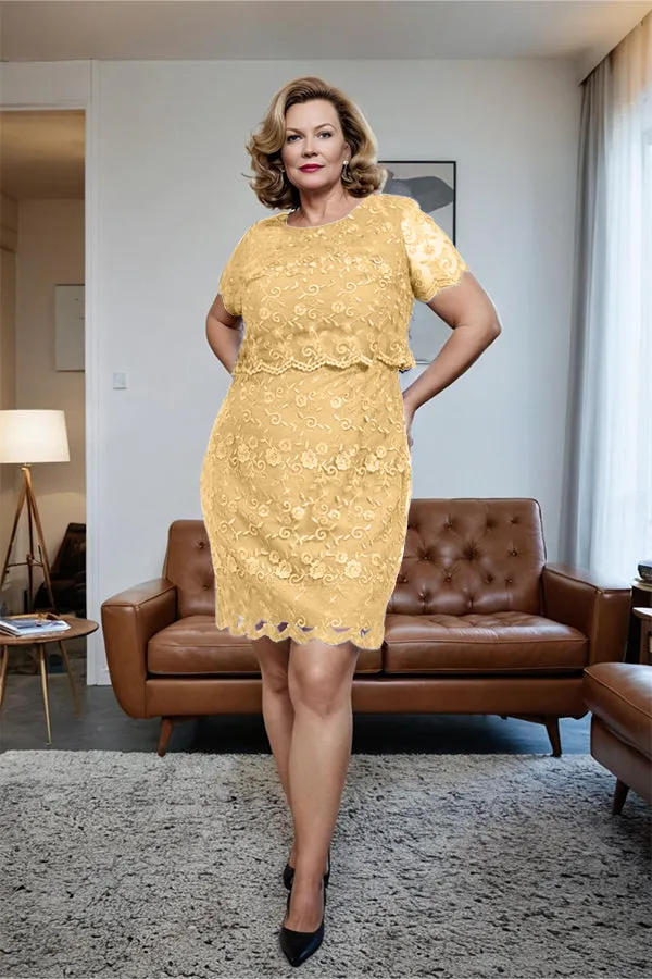 Round Neck Lace Short Sleeves Mother of the Bride Dress