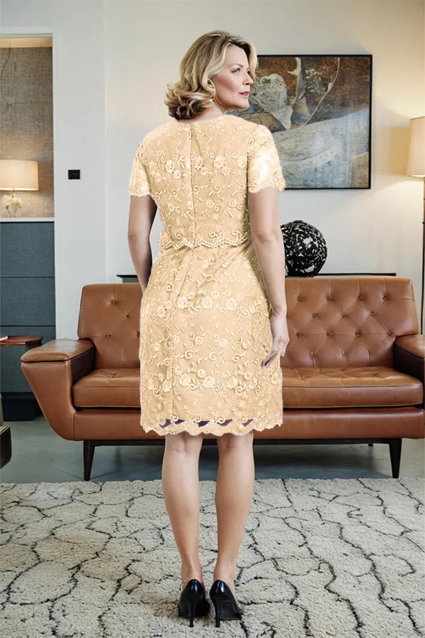 Round Neck Lace Short Sleeves Mother of the Bride Dress