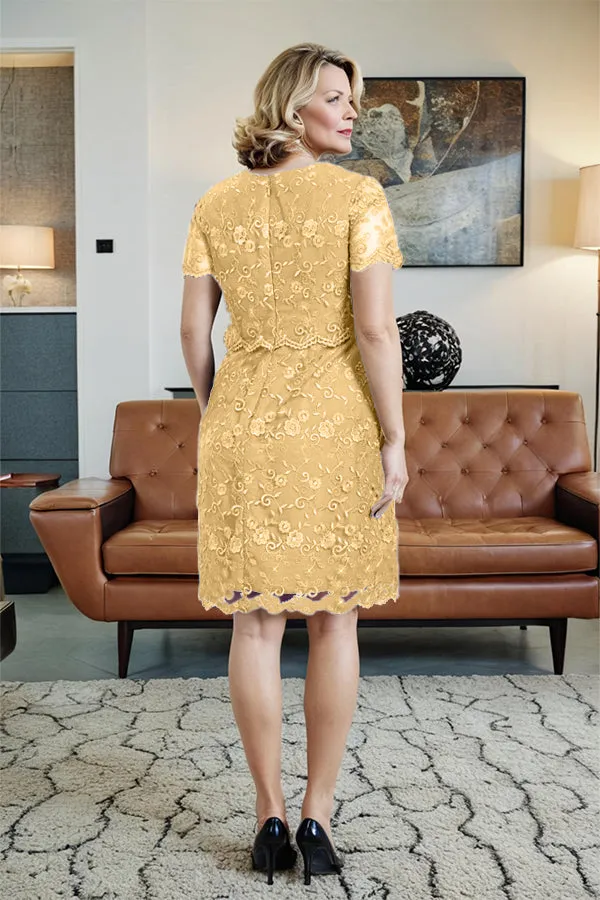 Round Neck Lace Short Sleeves Mother of the Bride Dress