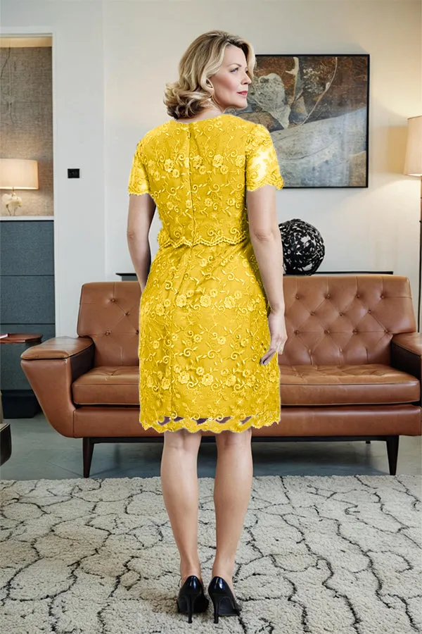 Round Neck Lace Short Sleeves Mother of the Bride Dress