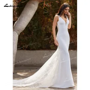 Roycebridal Charming Tulle & Soft Satin Mermaid Wedding Dresses V-Neck Sleeveless Illusion Lace Appliques Chapel Train Bride Gowns Trouwjurk