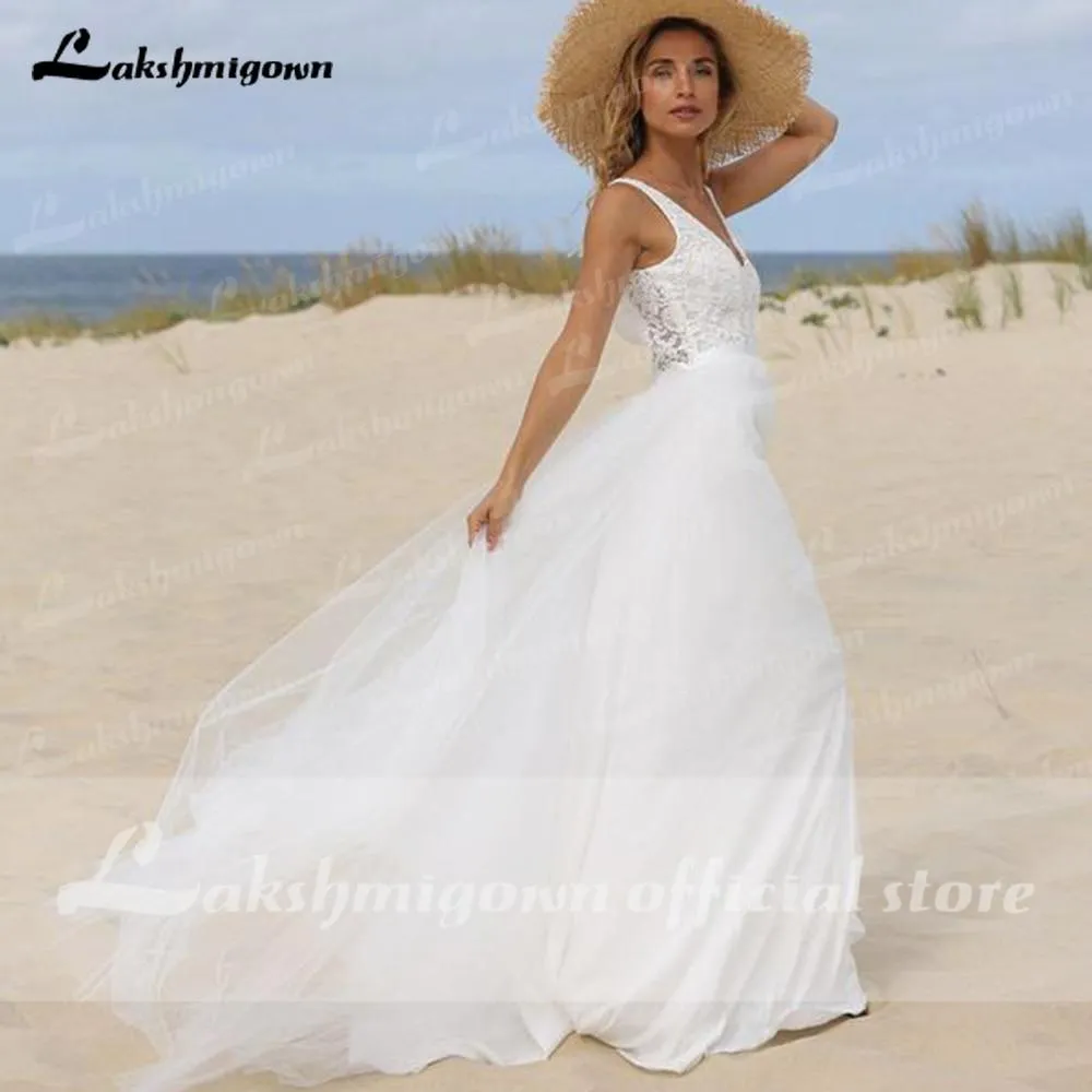 Roycebridal Lace V Sahpe Back Sleeveless Tulle Backless Wedding Dresses With Buttons V Neck Beach vestidos de novia bohemio verano 2021