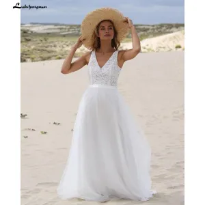 Roycebridal Lace V Sahpe Back Sleeveless Tulle Backless Wedding Dresses With Buttons V Neck Beach vestidos de novia bohemio verano 2021