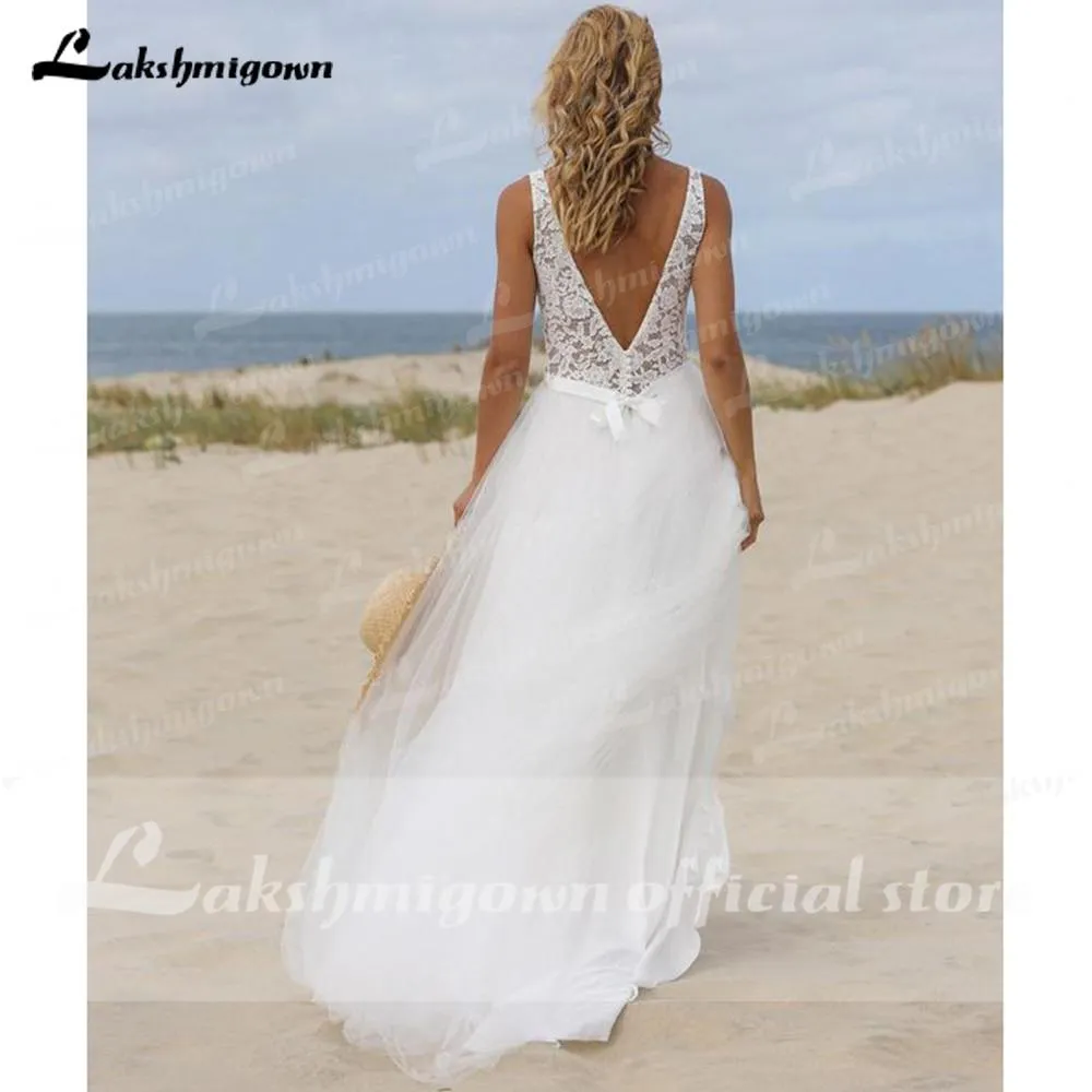 Roycebridal Lace V Sahpe Back Sleeveless Tulle Backless Wedding Dresses With Buttons V Neck Beach vestidos de novia bohemio verano 2021