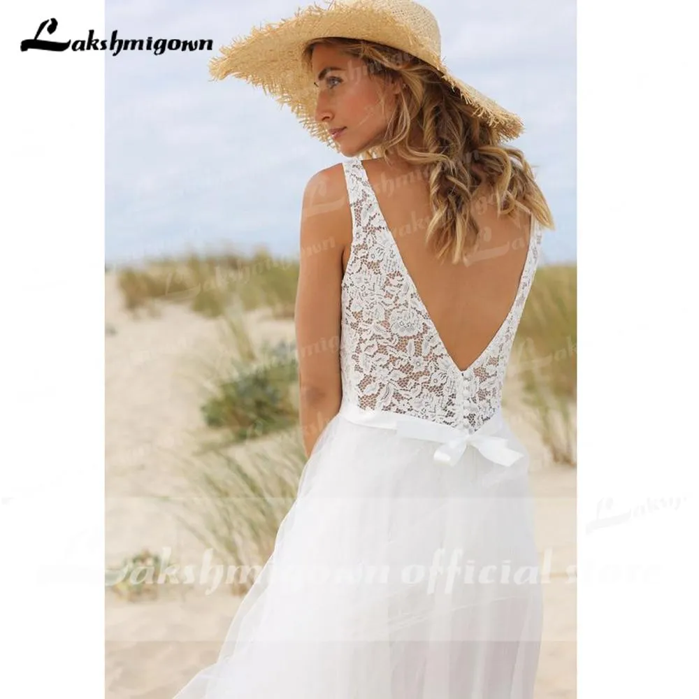 Roycebridal Lace V Sahpe Back Sleeveless Tulle Backless Wedding Dresses With Buttons V Neck Beach vestidos de novia bohemio verano 2021