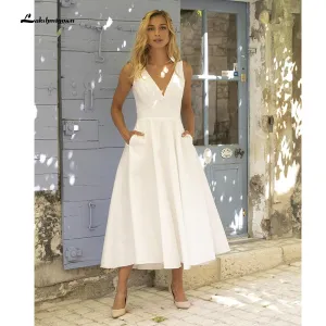 Roycebridal Simple V Neck Satin Tea Length Backless Short Wedding Dresses With Pocket bridal gown Beach vestido de noiva simples Lakshmigown