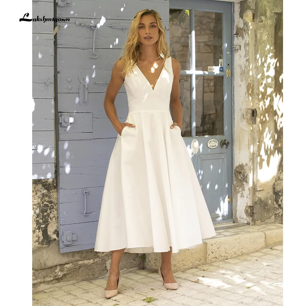 Roycebridal Simple V Neck Satin Tea Length Backless Short Wedding Dresses With Pocket bridal gown Beach vestido de noiva simples Lakshmigown