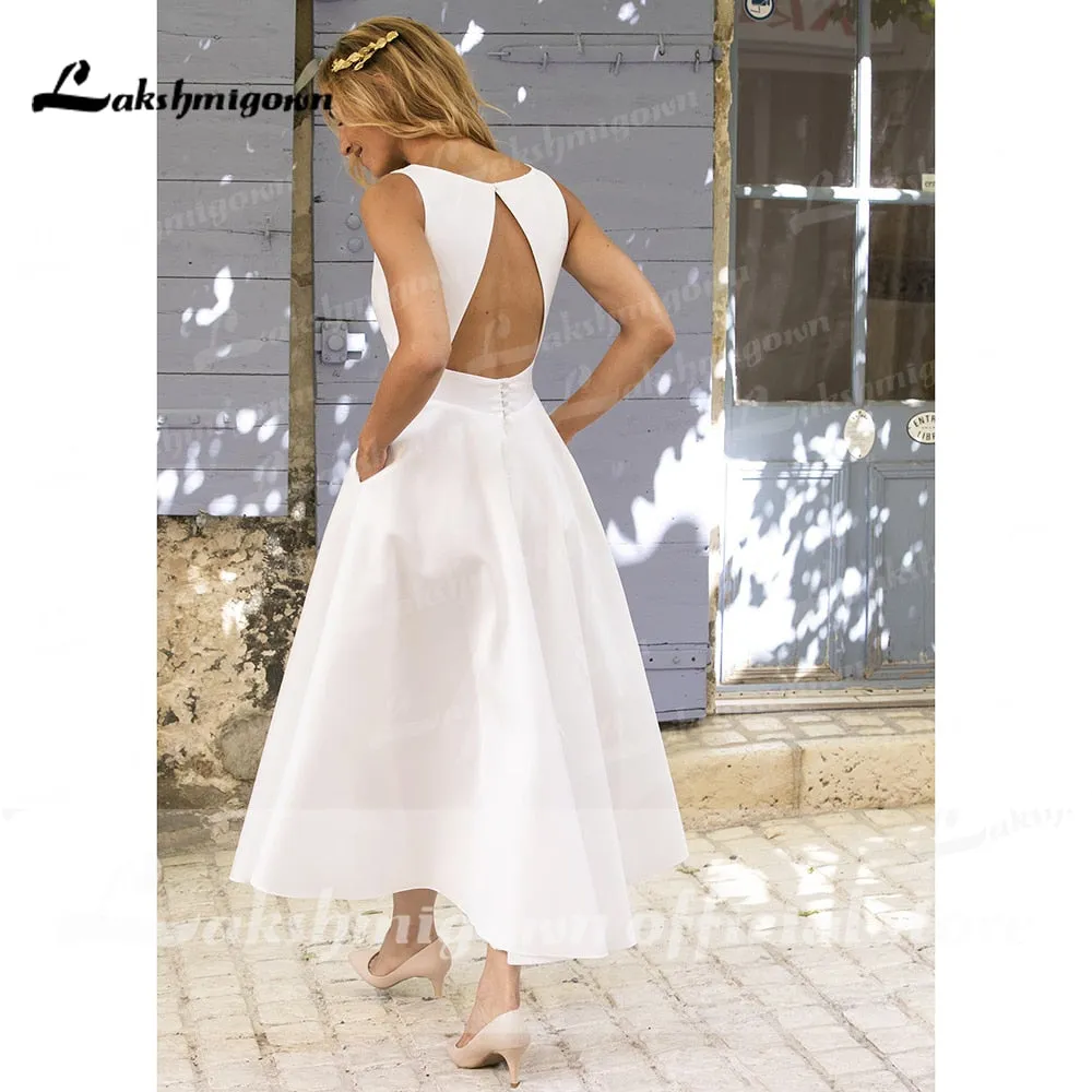 Roycebridal Simple V Neck Satin Tea Length Backless Short Wedding Dresses With Pocket bridal gown Beach vestido de noiva simples Lakshmigown
