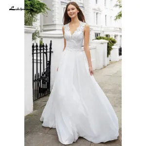 Roycebridal vistidos de festa de casamento V Neck Sleeveless Lace Chiffon Wedding Dresses With Back Buttons vestido para boda playa