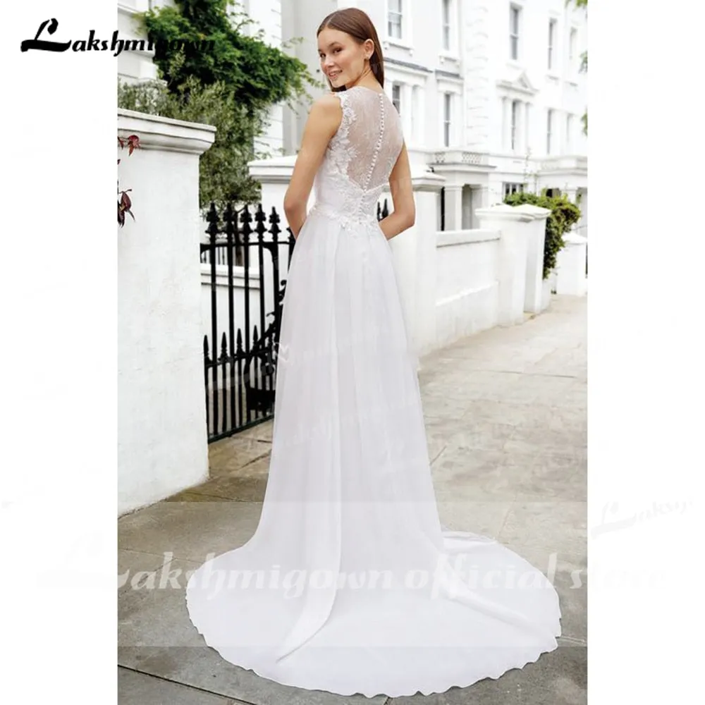 Roycebridal vistidos de festa de casamento V Neck Sleeveless Lace Chiffon Wedding Dresses With Back Buttons vestido para boda playa