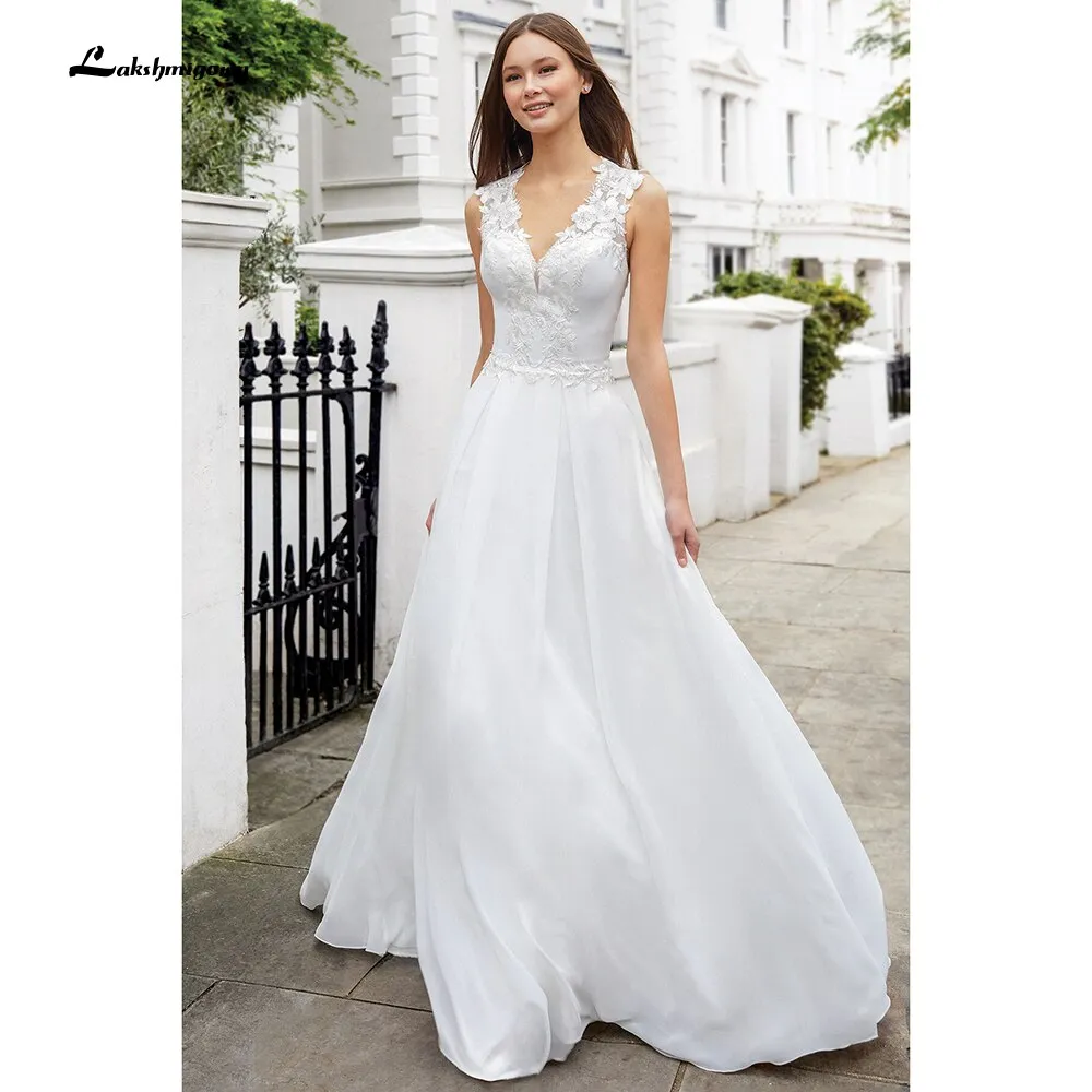 Roycebridal vistidos de festa de casamento V Neck Sleeveless Lace Chiffon Wedding Dresses With Back Buttons vestido para boda playa