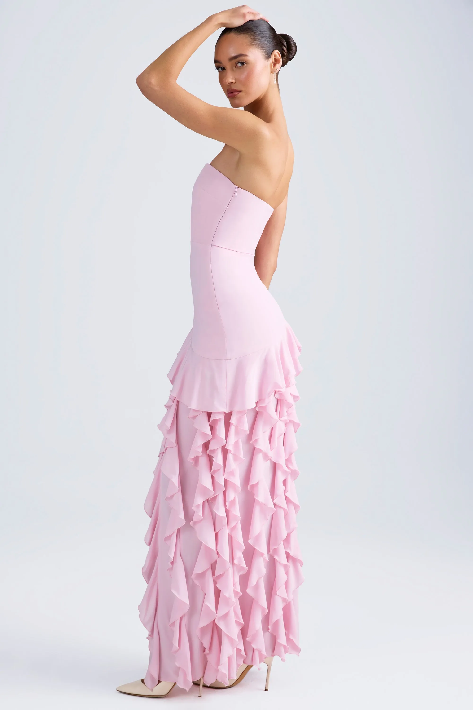 Ruffle-Trim Strapless Gown in Light Pink