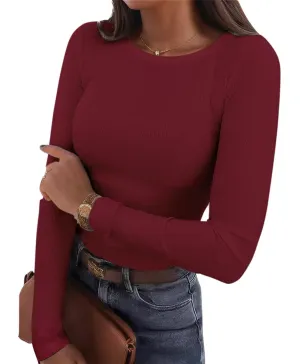 Ryaiwi Ribbed Womens Long Sleeve Shirts Slim Fit Stretch Crewneck Basic Casual Tunic Tops Wine Red