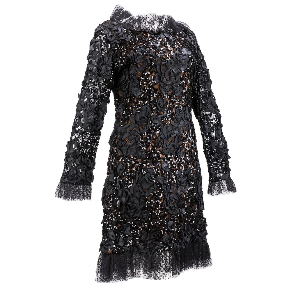 Saint Laurent 1980's Lacey Black Ribbon & Sequin Party Dress