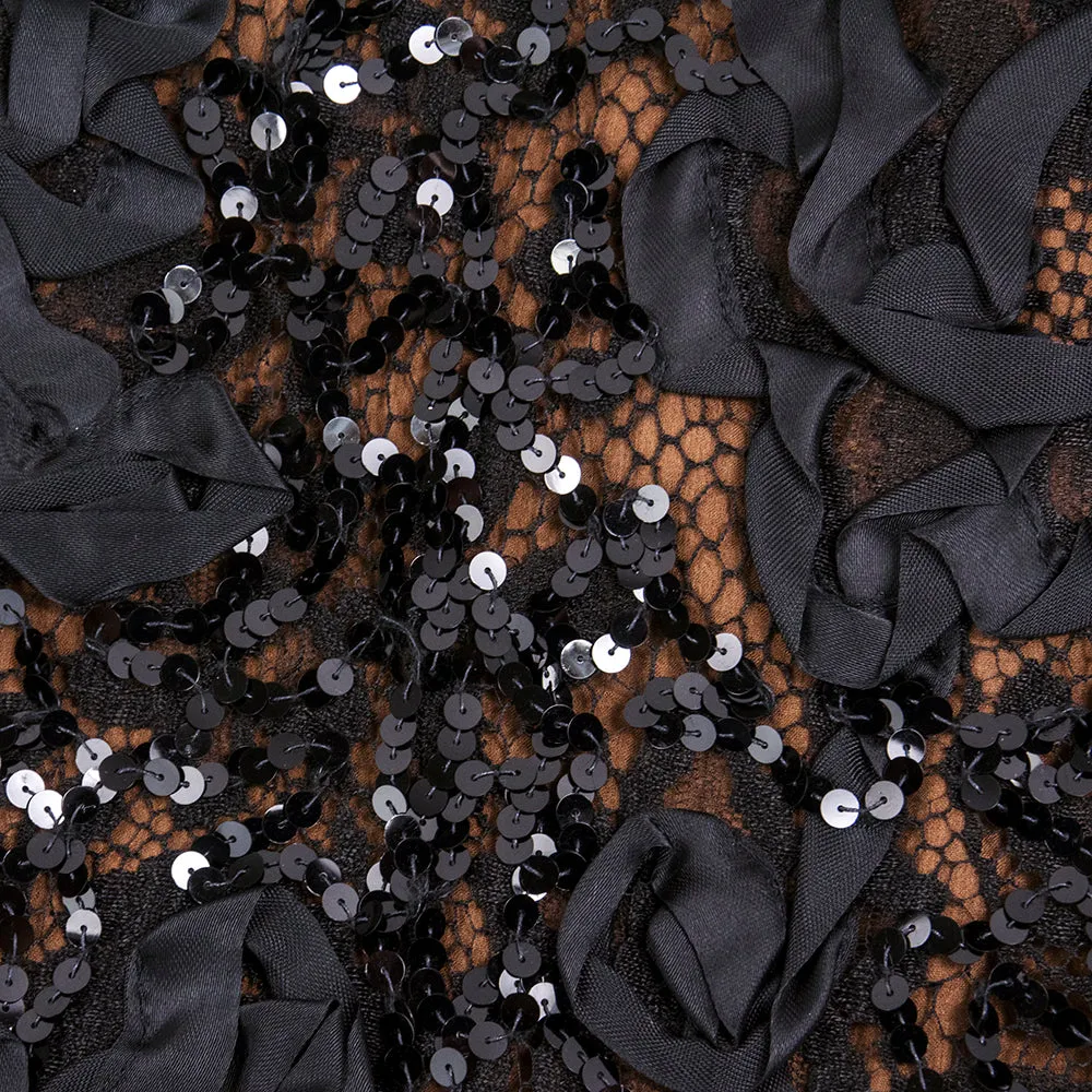 Saint Laurent 1980's Lacey Black Ribbon & Sequin Party Dress
