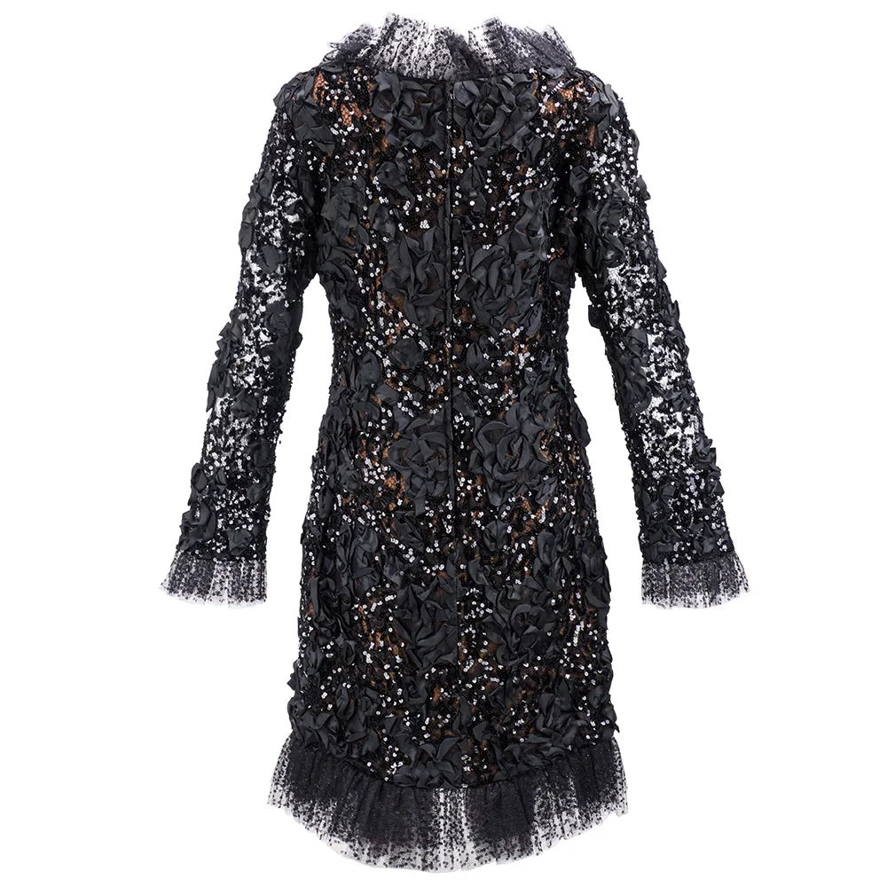 Saint Laurent 1980's Lacey Black Ribbon & Sequin Party Dress