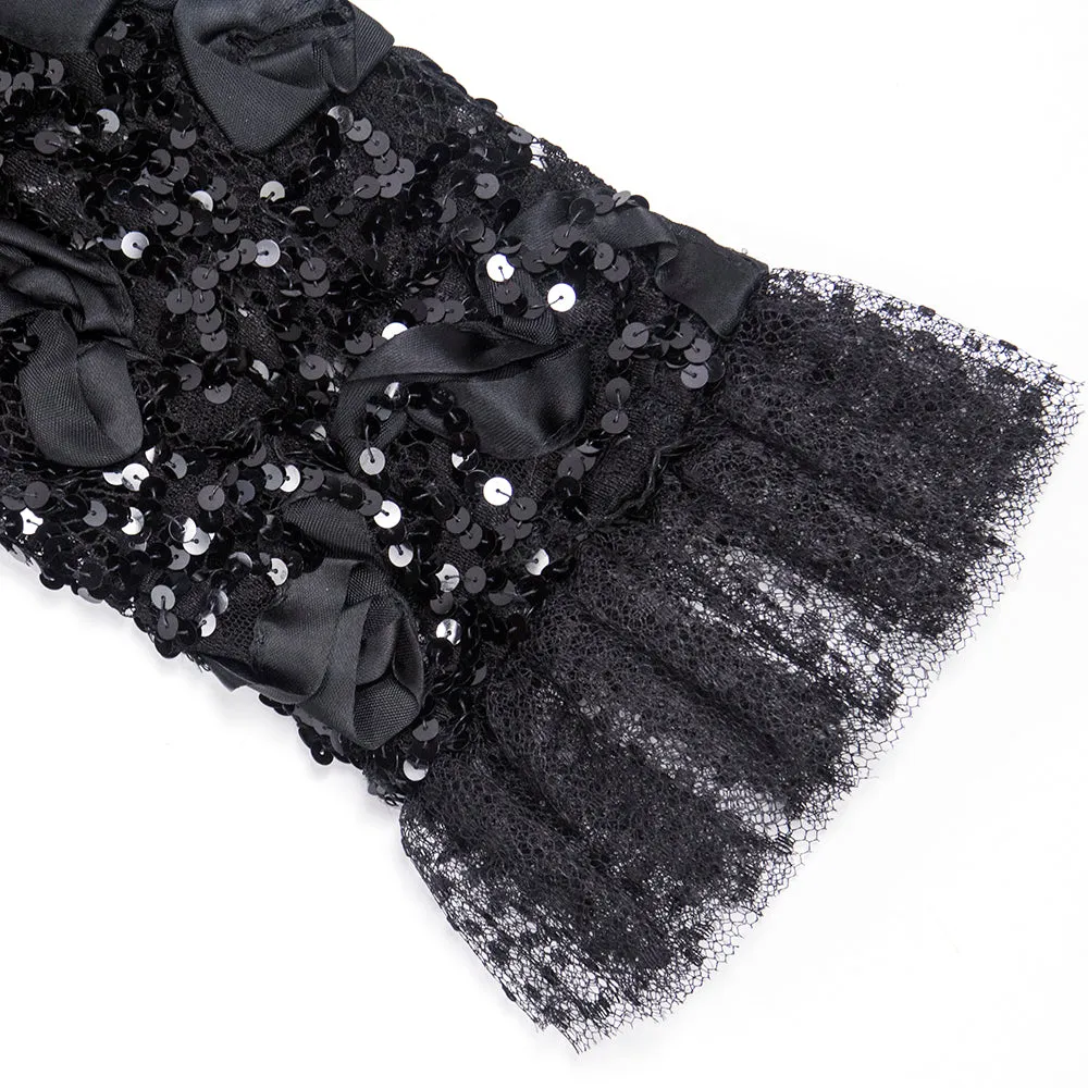 Saint Laurent 1980's Lacey Black Ribbon & Sequin Party Dress