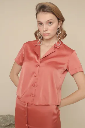 SALOME TOP Silk Collared Blouse with Covered Buttons (Rust Silk)
