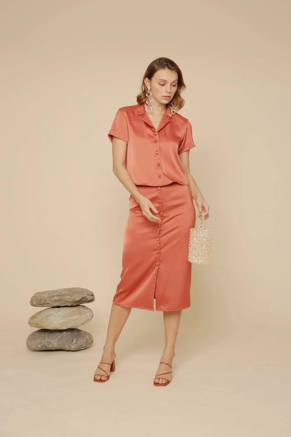 SALOME TOP Silk Collared Blouse with Covered Buttons (Rust Silk)
