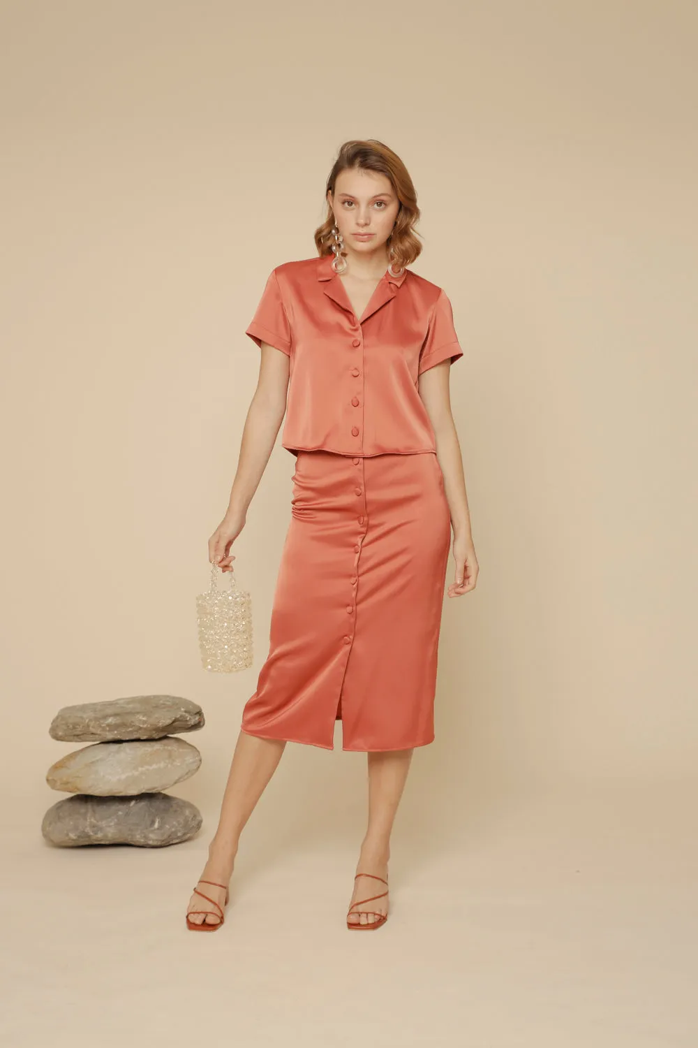 SALOME TOP Silk Collared Blouse with Covered Buttons (Rust Silk)