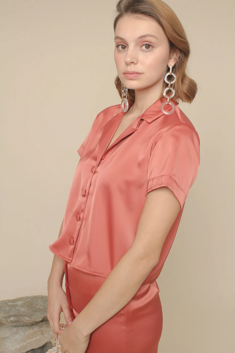 SALOME TOP Silk Collared Blouse with Covered Buttons (Rust Silk)
