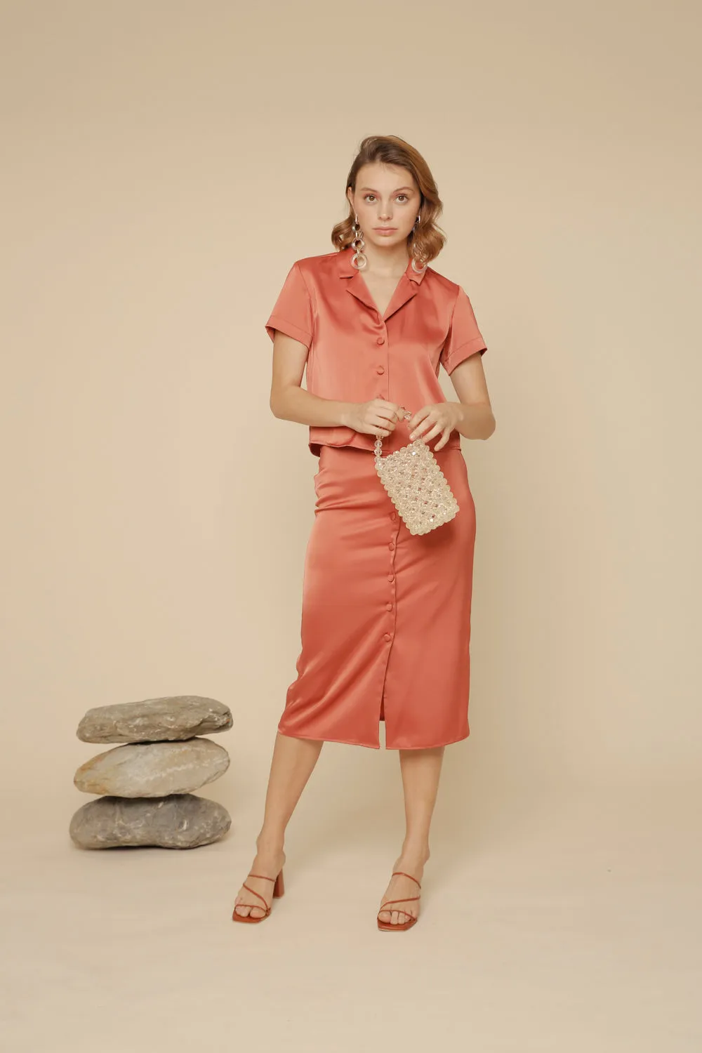 SALOME TOP Silk Collared Blouse with Covered Buttons (Rust Silk)