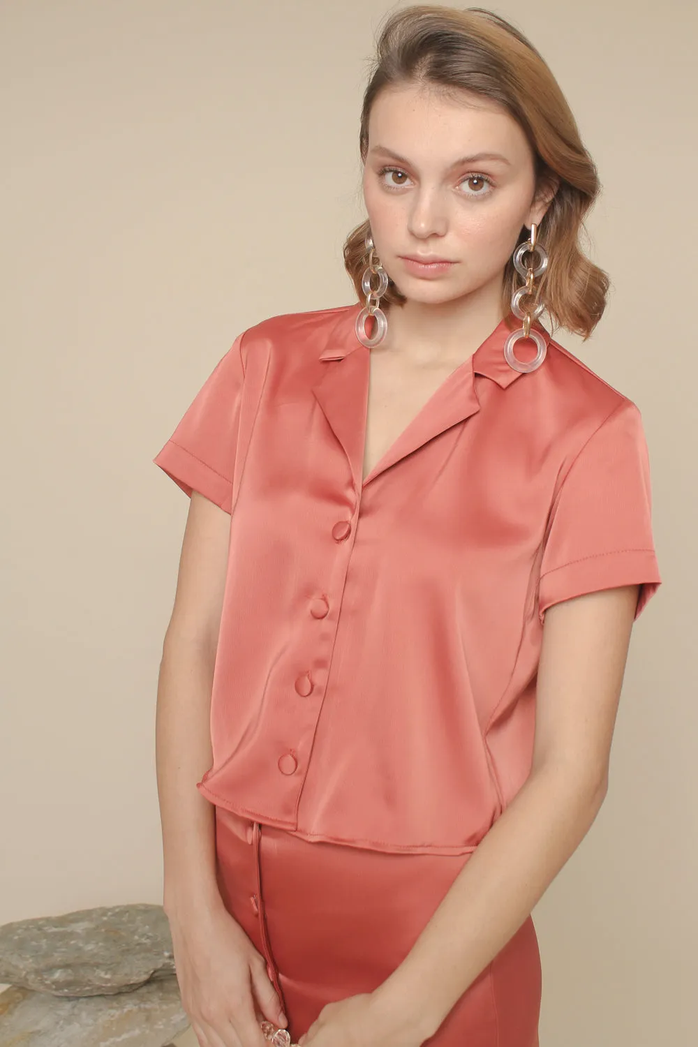 SALOME TOP Silk Collared Blouse with Covered Buttons (Rust Silk)