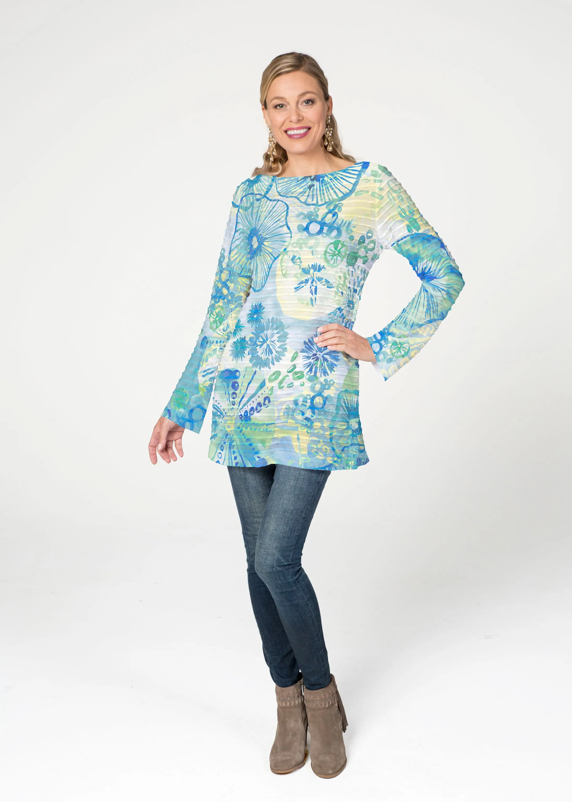 Sand Dollar Aqua (16256) ~ Banded Boatneck Tunic