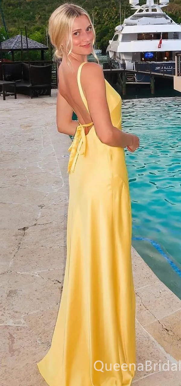 Sexy Elegant Column Yellow V Neck Open Back Evening Gown Long Prom Dresses ,WGP701