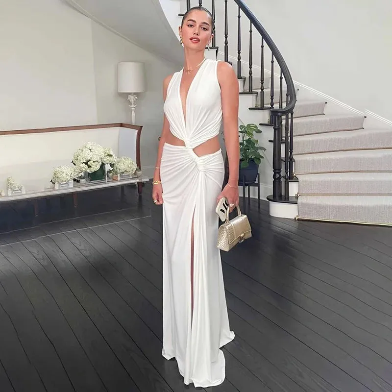 Sexy Hollow Out Twist Knot High Slit Maxi Dress