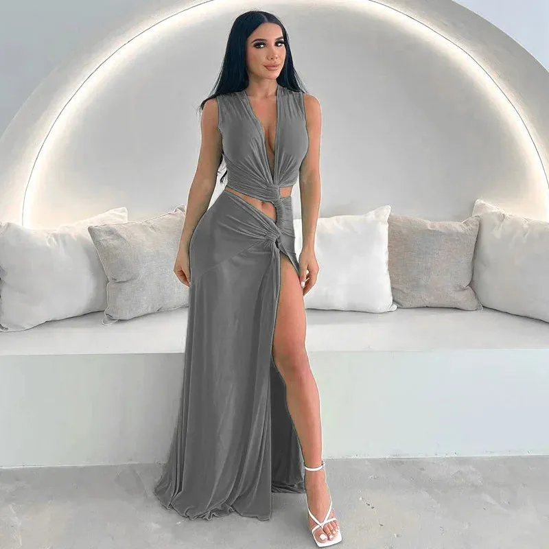 Sexy Hollow Out Twist Knot High Slit Maxi Dress