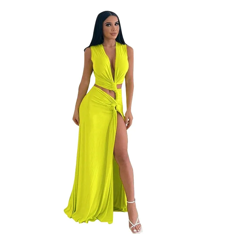 Sexy Hollow Out Twist Knot High Slit Maxi Dress