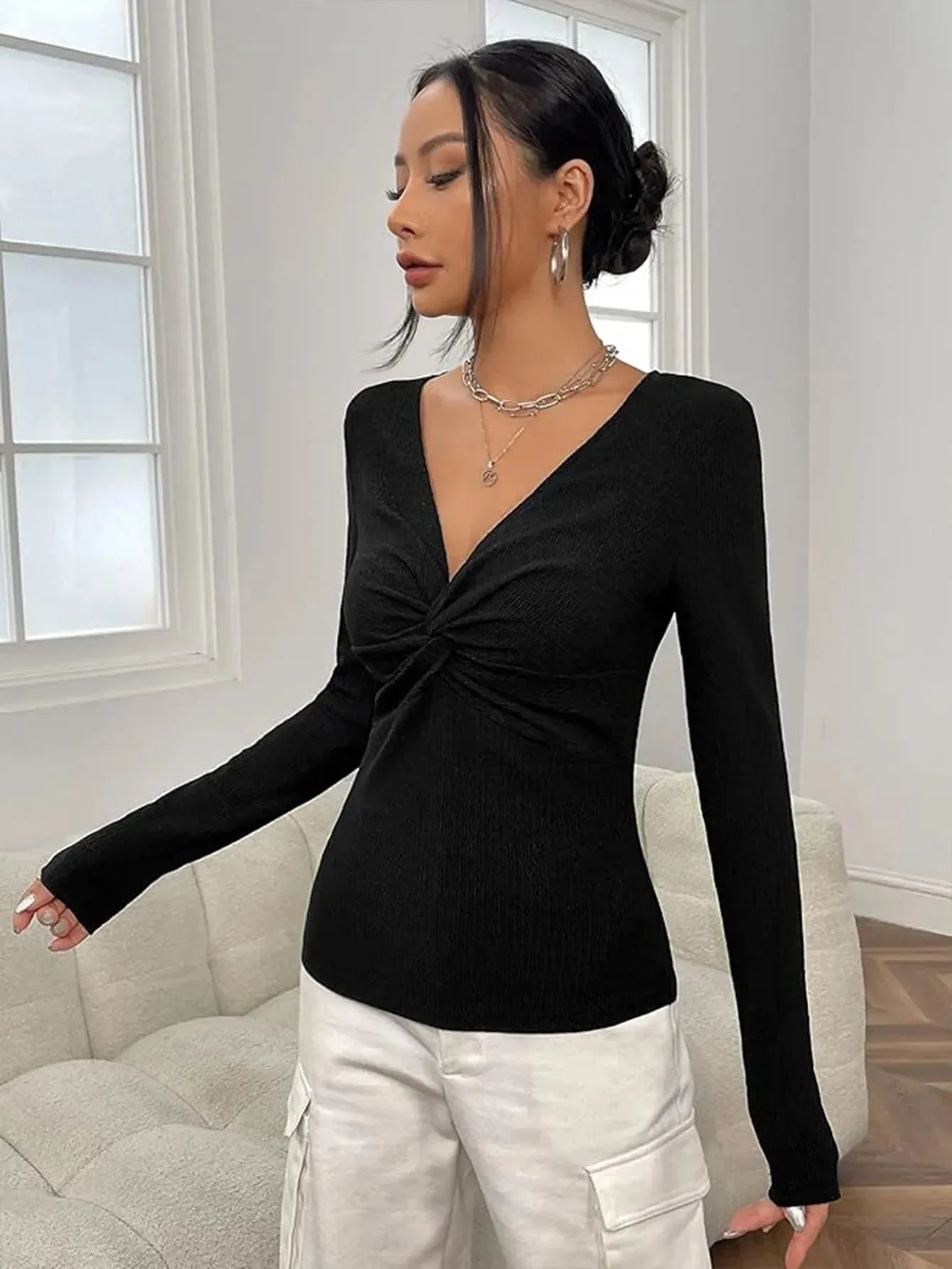 Sexy V-Neck Knitted Base Shirt Figure Slim Fit Top Women