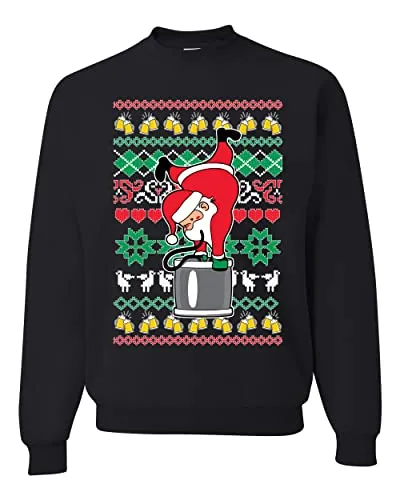 Shark & Hammer Santa Keg Stand Beer Drinking Drunk Ugly Christmas Sweater Unisex Crewneck Graphic Sweatshirt, Black, X-Large