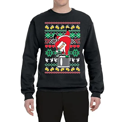 Shark & Hammer Santa Keg Stand Beer Drinking Drunk Ugly Christmas Sweater Unisex Crewneck Graphic Sweatshirt, Black, X-Large