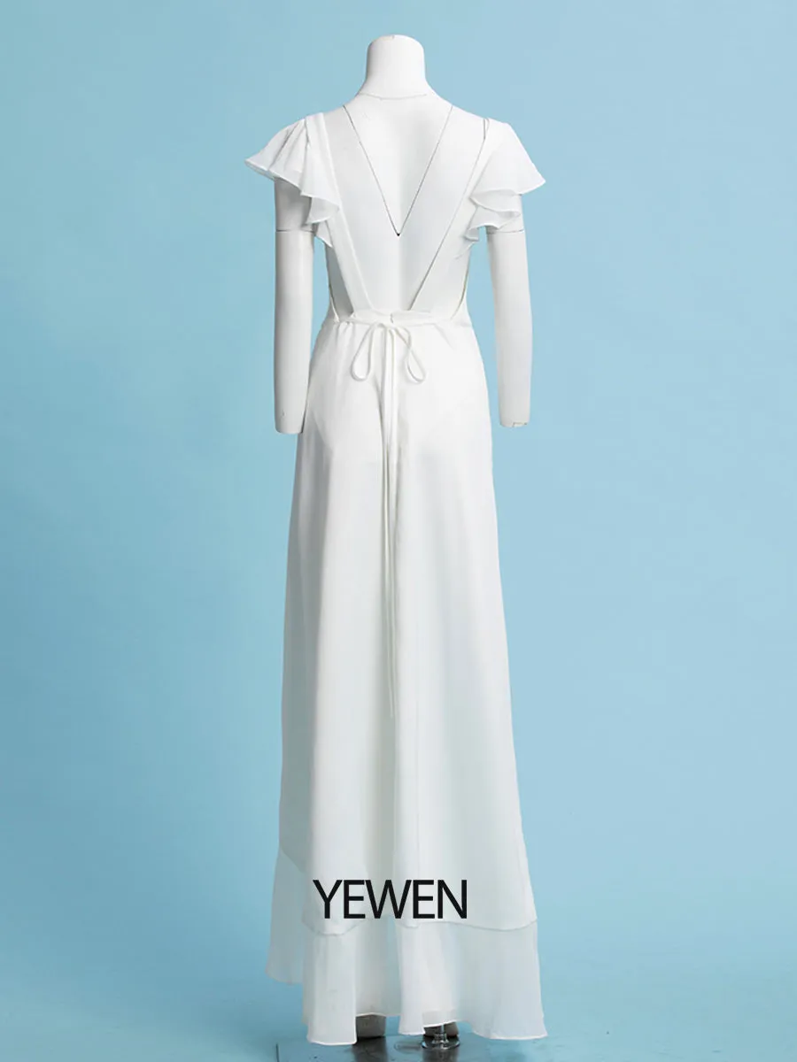 Sheath/Column Chiffon Sleeve V-Neck Wedding Dress Floor Length