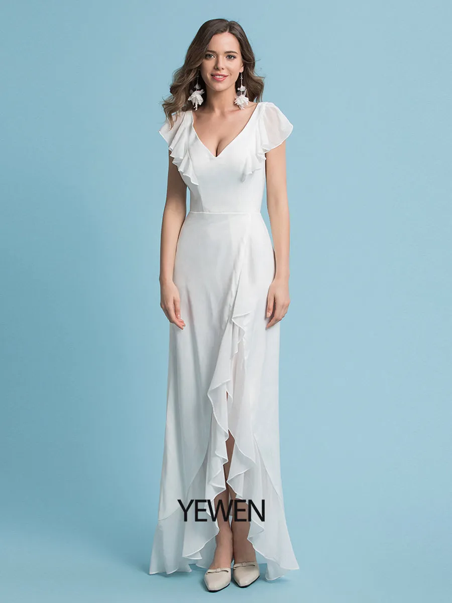 Sheath/Column Chiffon Sleeve V-Neck Wedding Dress Floor Length
