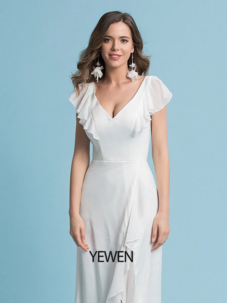 Sheath/Column Chiffon Sleeve V-Neck Wedding Dress Floor Length