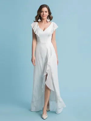 Sheath/Column Chiffon Sleeve V-Neck Wedding Dress Floor Length