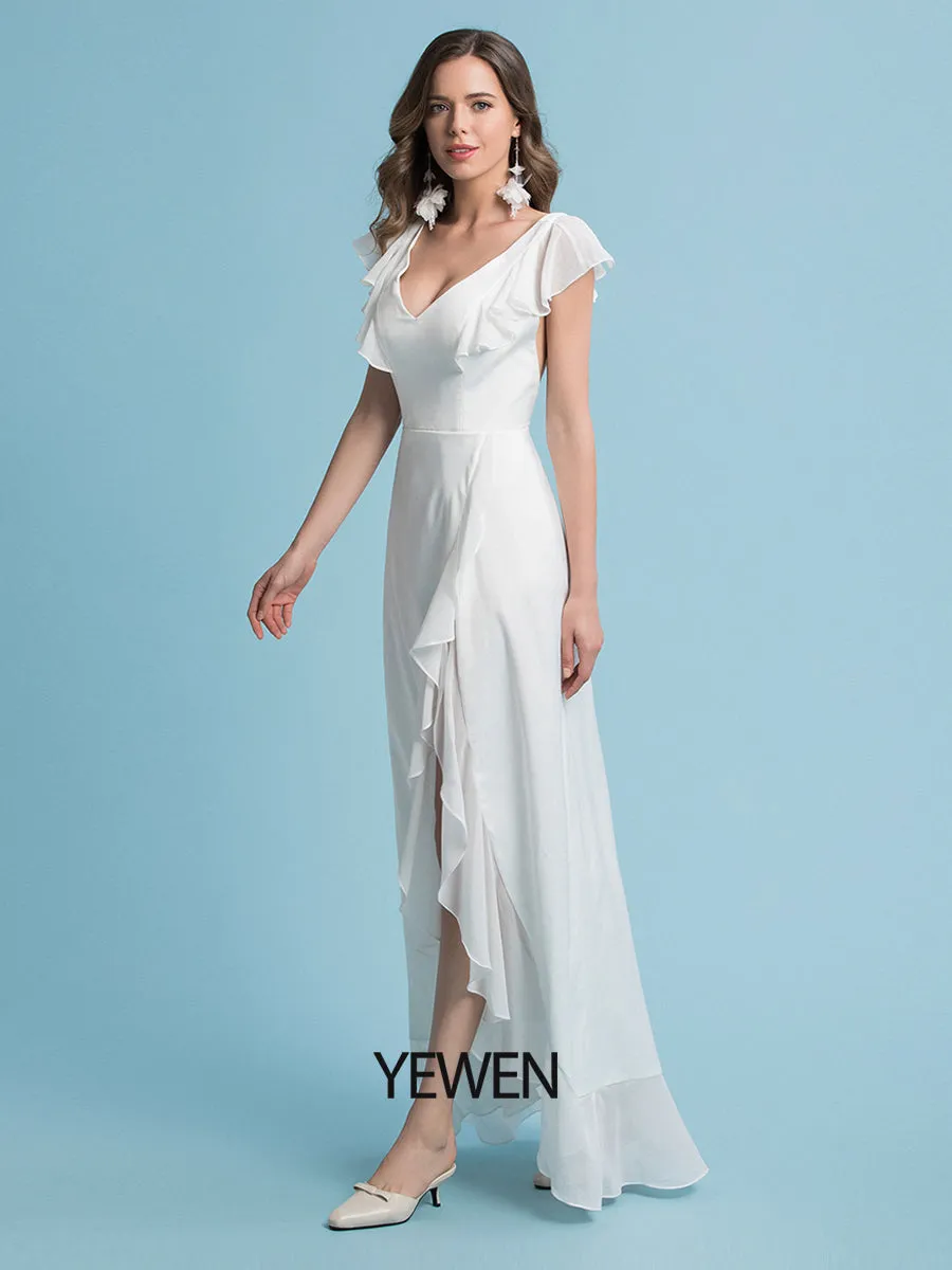 Sheath/Column Chiffon Sleeve V-Neck Wedding Dress Floor Length