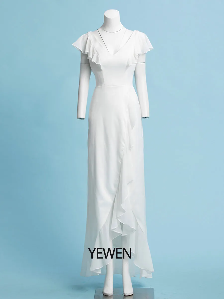 Sheath/Column Chiffon Sleeve V-Neck Wedding Dress Floor Length