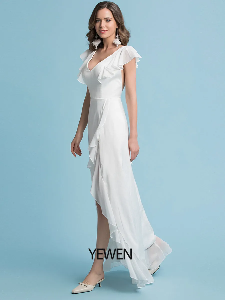 Sheath/Column Chiffon Sleeve V-Neck Wedding Dress Floor Length